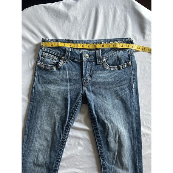 Miss Me Boot Cut Frayed Hem Jeans Womens Size 27 Blue Bling Rhinestone Cowgirl - Picture 9 of 12